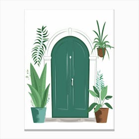 Green Door With Potted Plants Canvas Print