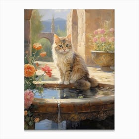 Medieval Cat Romantesque Style Sat On The Fountain Of A Monestary Canvas Print