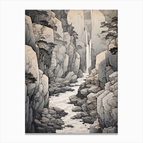Shosenkyo Gorge In Yamanashi, Ukiyo E Black And White Line Art Drawing 4 Canvas Print