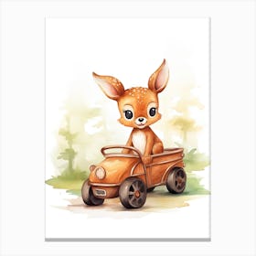 Baby Deer On Toy Car, Watercolour Nursery 1 Canvas Print
