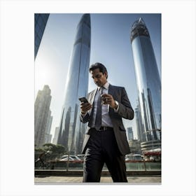 Businessman Engrossed In Galloping Through A Bustling Cityscape Taps Away On His Sleek Smartphone (2) Canvas Print