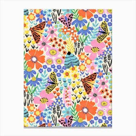 Colorful Flower Meadow And Butterflies 1 Canvas Print