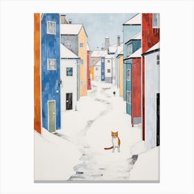 Cat In The Streets Of Reykjavik   Iceland With Snow Canvas Print
