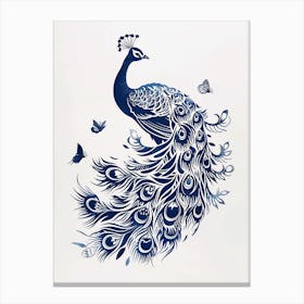 Cream & Navy Blue Peacock With Butterflies Linocut Inspired  2 Canvas Print