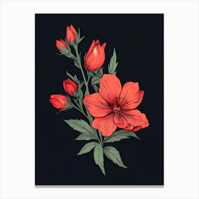 Red Flowers On Black Background 1 Canvas Print