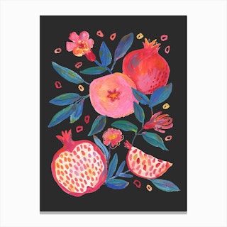 Pomegranate And Florals Black Canvas Print