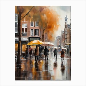 Amsterdam cafes, autumn season, rain, autumn oil colours.Faded colours,People passing on the street, winter clothes, rain umbrellas.6 1 Canvas Print