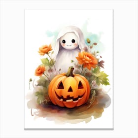 Cute Ghost With Pumpkins Halloween Watercolour 62 Canvas Print