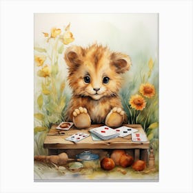 Playing Games Watercolour Lion Art Painting 2 Canvas Print