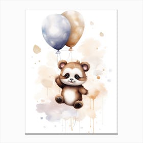 Baby Panda Flying With Ballons, Watercolour Nursery Art 3 Canvas Print