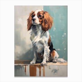 Cavalier King Charles Spaniel Dog, Painting In Light Teal And Brown 1 Canvas Print