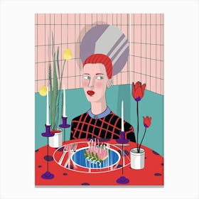 Illustration Of A Woman At A Table Canvas Print