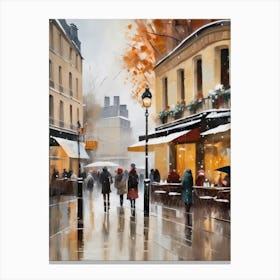 Paris cafes, winter season, Christmas, autumn oil colors, pale colors, pedestrians in the street, winter clothes, falling snow.Christmas decorations.2 Canvas Print