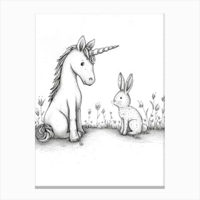 Unicorn And Bunny Friends Black And White Doodle 3 Canvas Print
