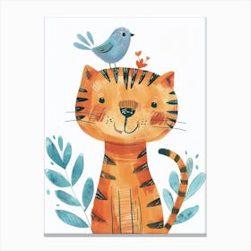 Small Joyful Tiger With A Bird On Its Head 5 Canvas Print