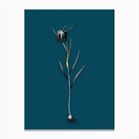 Vintage Chess Flower Black and White Gold Leaf Floral Art on Teal Blue n.0098 Canvas Print