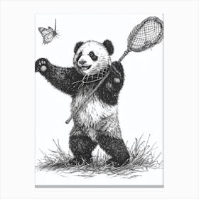 Giant Panda Cub Playing With A Butterfly Net Ink Illustration 3 Canvas Print