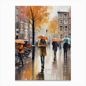 Amsterdam cafes, autumn season, rain, autumn oil colours.Faded colours,People passing on the street, winter clothes, rain umbrellas.4 2 Canvas Print