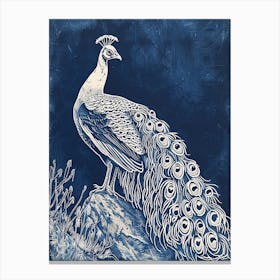 Peacock On A Rock Linocut Inspired 4 Canvas Print