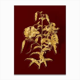 Vintage Tiger Lily Botanical in Gold on Red n.0215 Canvas Print