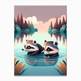 Two Raccoons Swimming In A Lake Canvas Print