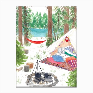 Lakeside Forest Camping Green & White Canvas Print