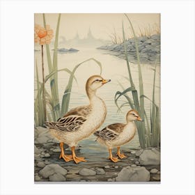 Ducklings By The Lake Japanese Woodblock Style Canvas Print