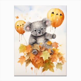 Koala Flying With Autumn Fall Pumpkins And Balloons Watercolour Nursery 4 Canvas Print
