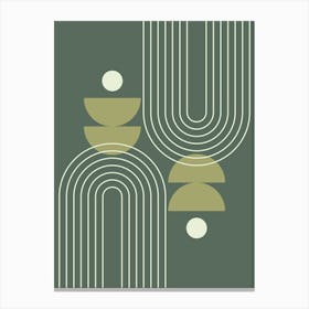 Modern Mid Century Sun, Moon Phases and Rainbow Abstract 20 in Forest Sage Green Canvas Print