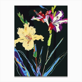 Neon Flowers On Black Gladiolus 3 Canvas Print