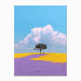 3d Illustration Of A Yellow And Purple Grain Field, The Huge Cloud Layer Covers Part Of The Grass In The Style Of A Minimalist Artist,A Lonely Tree Stands In It Canvas Print