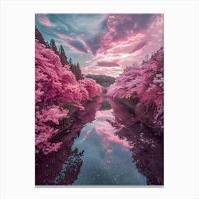 Cherry Blossoms And River At Sunset Canvas Print