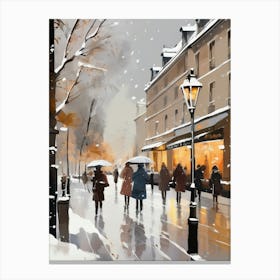 Paris cafes, winter season, Christmas, autumn oil colors, pale colors, pedestrians in the street, winter clothes, falling snow.Christmas decorations.6 Canvas Print