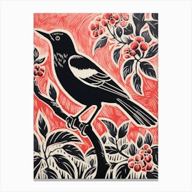Vintage Bird Linocut Magpie 1 Canvas Print