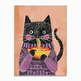 Black Cat Eating Pasta Folk Illustration 2 Canvas Print