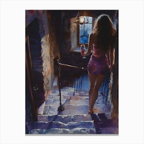 Girl Walking Down The Stairs Canvas Print