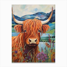 Illustration Of Highland Cow With Wildflowers 3 Canvas Print
