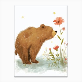 Brown Bear Sniffing A Flower Storybook Illustration 3 Canvas Print