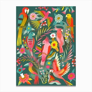 Happy Parrots Jungle Canvas Print