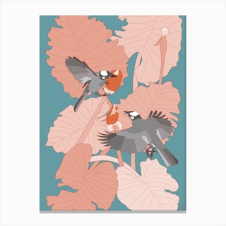 Grey Birds With Pink Leaves Canvas Print