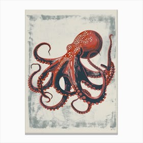 Retro Linocut Inspired Red & Navy Octopus 6 Canvas Print