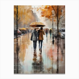 Amsterdam cafes, autumn season, rain, autumn oil colours.Faded colours,People passing on the street, winter clothes, rain umbrellas.12 1 Canvas Print