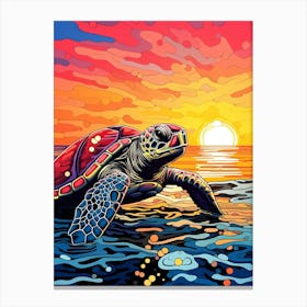 Comic Style Sea Turtle With The Sunset Canvas Print