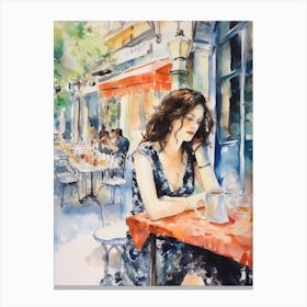 At A Cafe In Marseille France Watercolour Canvas Print