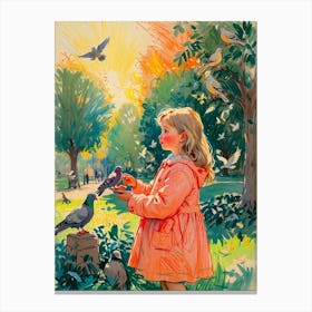 Little Girl Feeding Pigeons Canvas Print