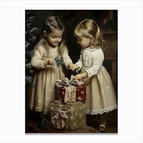 Two Little Girls Opening Christmas Presents Canvas Print