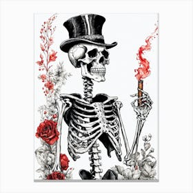 Floral Skeleton With Hat Ink Painting (3) Canvas Print