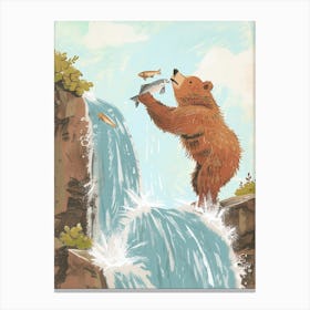 Brown Bear Catching Fish In A Waterfall Storybook Illustration 2 Canvas Print