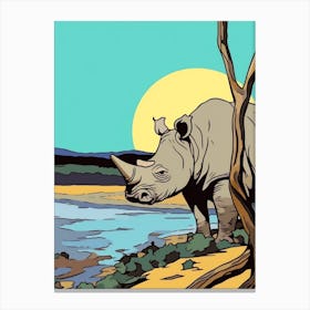 Simple Rhino Line Illustration By The River 1 Canvas Print