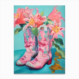 Oil Painting Of Pink And Red Flowers And Cowboy Boots, Oil Style 4 Canvas Print